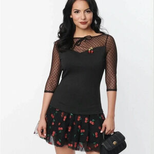 NWOT Unique Vintage Black Mesh Cherry Top